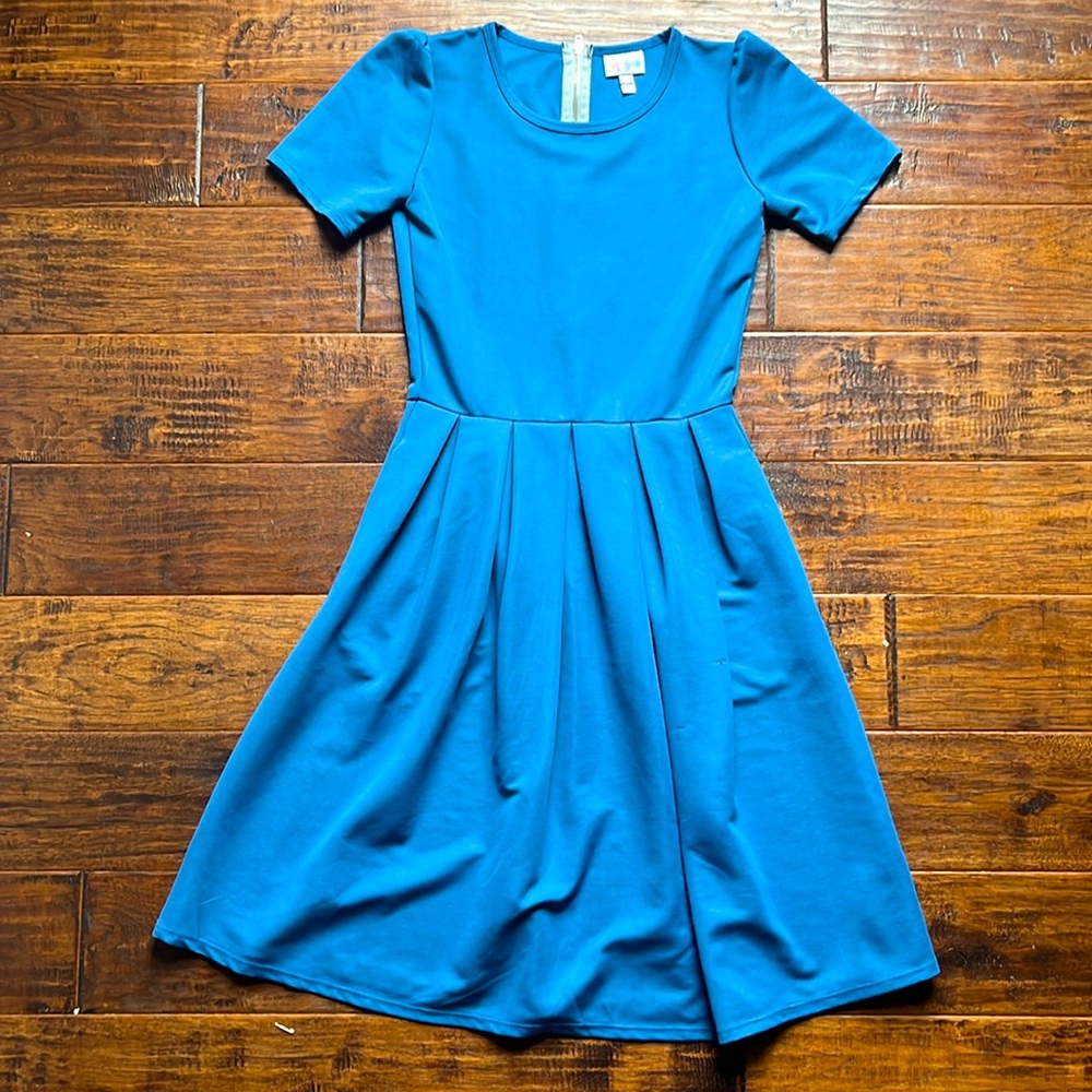 LuLaRoe Womens Amelia Solid Blue Short Sleeve A-Line Scoop Neck Dress Size XS